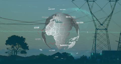 Digital World Network with Overlay of Spinning Globe and Floating Codes