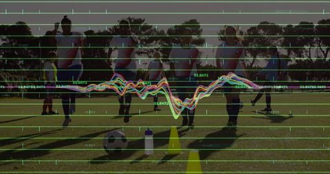 Young soccer players warming up under data analysis overlay