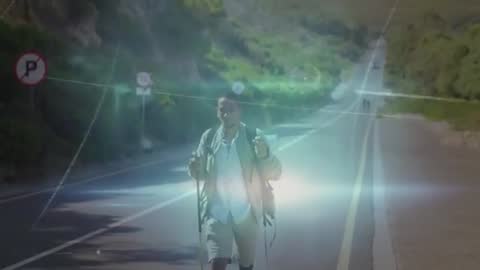 Man Hiking with Digital Overlay Representing Technological Integration