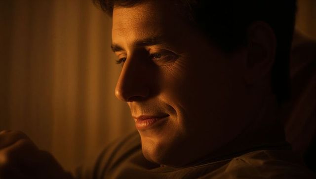 Reclining Man Using Phone in Warm Amber Glow, Intimate Cozy Mood and Soft Lighting