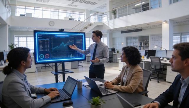 Presenting financial analytics on large touchscreen in modern open-plan office meeting