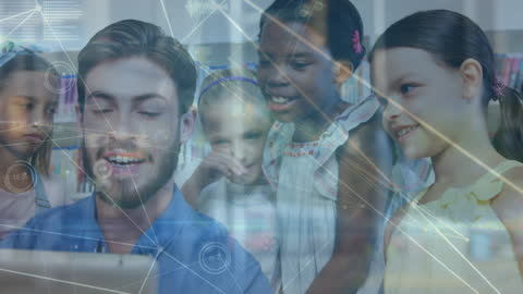 Teacher and Kids Using Technology with Data Overlay