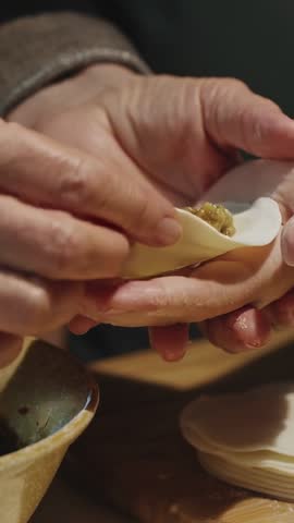 Handmaking Dumplings: Scooping Filling and Folding Wrappers Close-Up Vertical Video