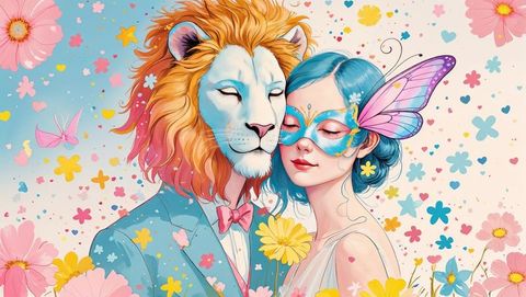 Whimsical lion and masked woman in a crazy dreamy floral wonderland