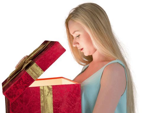 Festive blonde woman with open gift box, transparent background