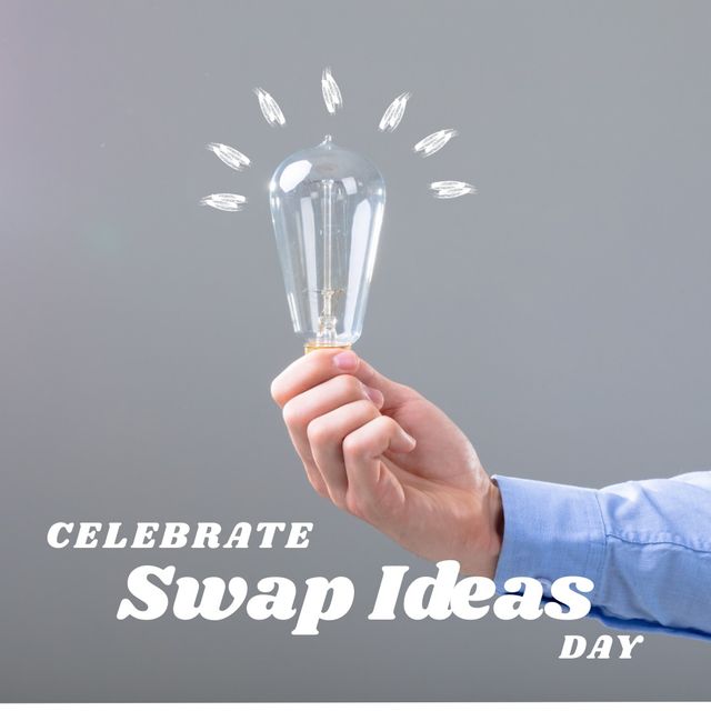 Cropped caucasian man's hand holding bulb with celebrate swap ideas day text on gray background. Copy space, digital composite, celebration, knowledge, teamwork, sharing ideas and thoughts concept.