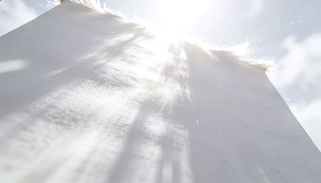 Backlit white draped fabric showing frayed fibers, sun glare and soft texture