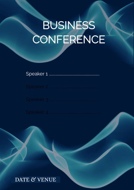 Colorful business conference poster featuring wave patterns, highlighting various speaker slots with placeholder text. Ideal for promoting corporate events, seminars, and conferences. The abstract wave design adds a modern touch, attracting professional audience. Easy to customize for specific dates, venues, and event details.