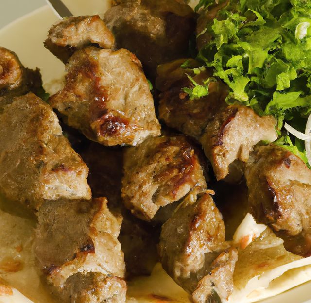 Perfect for culinary blogs, restaurant menus or cookbooks showcasing Mediterranean cuisine. Highlights the appetizing quality of well-cooked lamb kebabs combined with fresh greens and flatbread. Ideal for health-focused dietary plans and meal prep ideas.