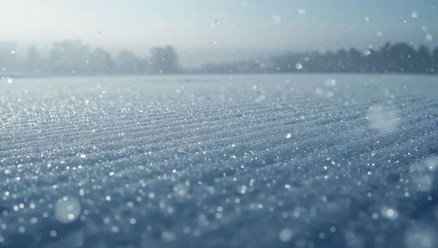 Sparkling ridged snowfield with falling snowflakes and frost crystals, soft bokeh horizon