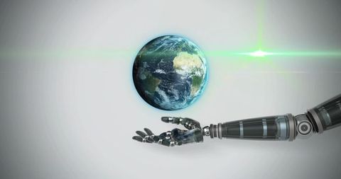 Futuristic robotic hand holding earth globe with green lens flare and minimalist background