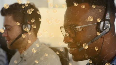 Diverse Professionals Working Amidst Bitcoin Communication Network