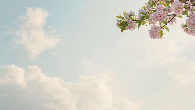 Spring cherry blossom branch framing pastel blue sky with soft clouds and copy space