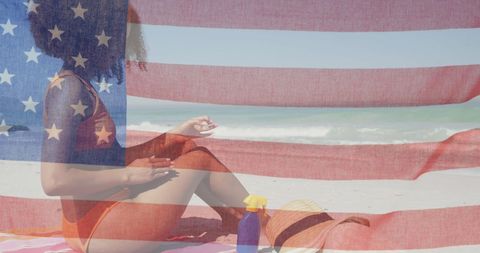 Patriotic Beach Day with Flag Overlay and Sunscreen - Download Free Stock Images Pikwizard.com
