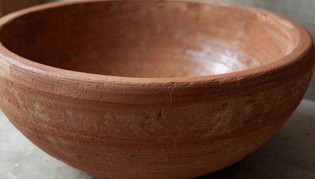 Large terracotta bowl with weathered texture and white mineral residue for rustic decor