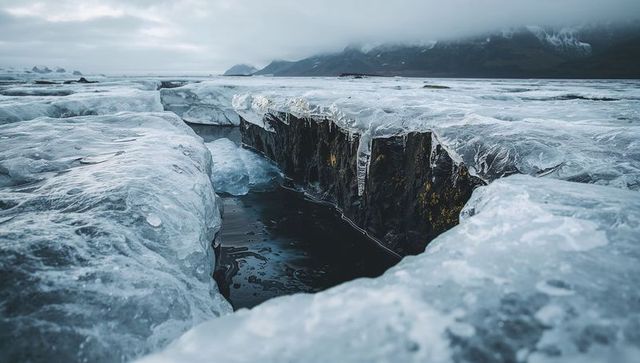Revealing glacial crevasse cutting through coastal ice exposing dark meltwater and basalt