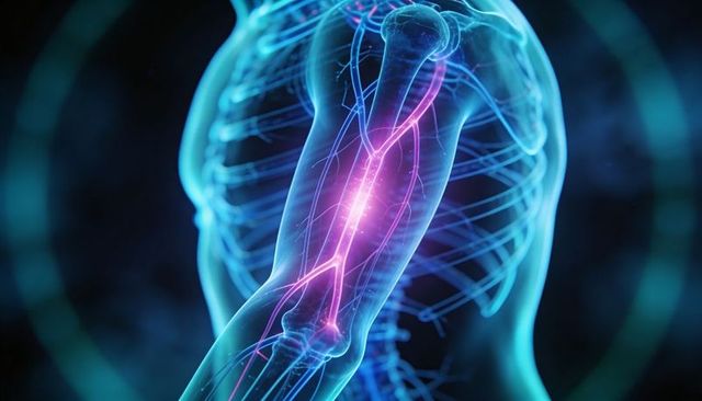 Translucent 3d upper torso and right arm highlighting magenta neural pathway