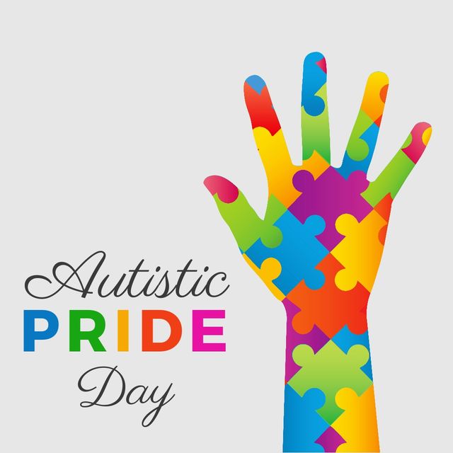 Digital composite of autistic pride day text by colorful hand and copy space on white background. creative, pride celebration and awareness concept.