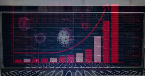 Digital interface graph with coronavirus cells among data