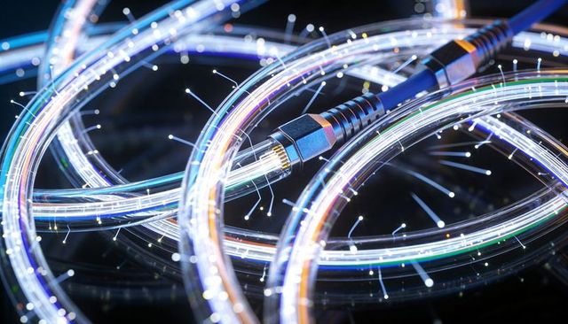 Glowing coiled fiber optic cables emitting prismatic multicolor light with metal connector