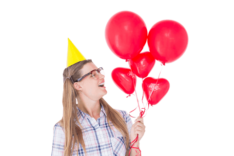 Transparent Geeky Hipster Woman Presenting Festive Balloons