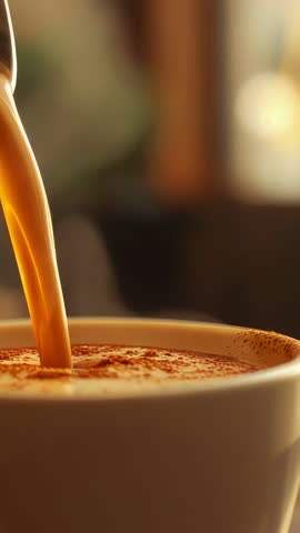 Pouring Creamy Coffee Into Cup with Cocoa Dusting | Vertical Close-Up Video Cozy Beverage