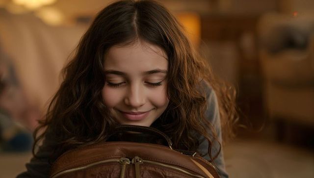 Teen girl resting chin on leather backpack in cozy bedroom, smiling with closed eyes