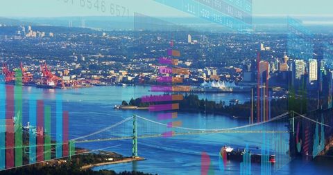 Merging financial data visualization with coastal harbor skyline and suspension bridge