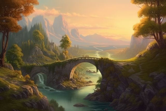 Landscape with bridge over river and mountains, created using generative ai technology. Scenic, nature and fairytale concept digitally generated image.