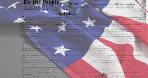 Folded american flag overlaid on constitution parchment with ink marks and textured layer