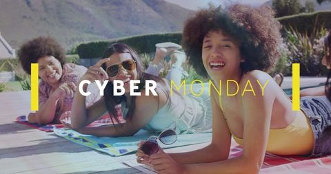 Friends lounging poolside together on cyber monday