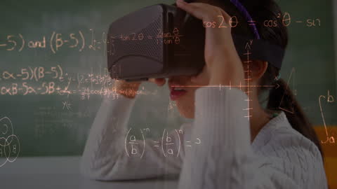 Schoolgirl Using VR Headset with Overlay of Mathematical Equations