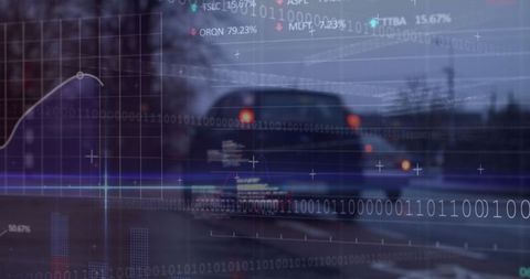 Car on highway at dusk with data overlay signaling digital driving future