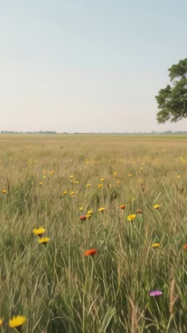 Vertical meadow video showing wildflowers swaying in gentle breeze with lone tree