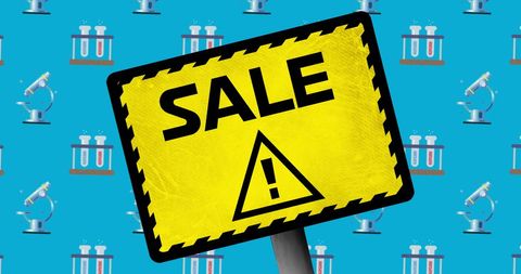 Science Theme Sale Banner with Microscope Icons and Yellow Sign