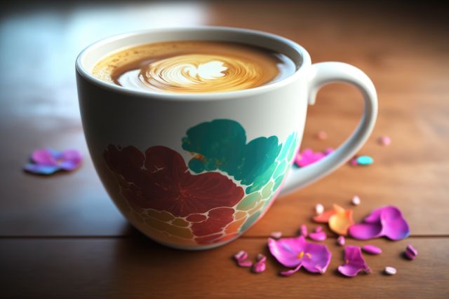 A vibrant cup of latte with a floral design on the mug resting on a wooden table, surrounded by colorful petals. Ideal for use in marketing materials for cafes, blogs, or social media posts focusing on coffee culture, art in beverages, or morning routines.