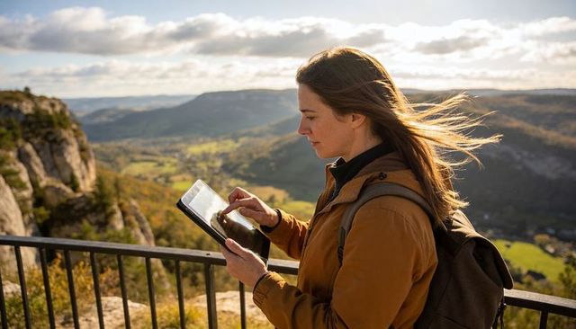 Windblown woman using tablet at mountain lookout overlooking sunlit valley with backpack
