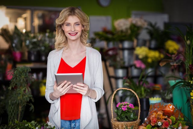 Happy female florist holding digital tablet in flower shop - Download Free Stock Photos Pikwizard.com