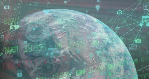 Globe with Digital Data Networks and Financial Analytics Overlay