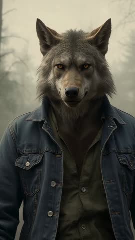 Anthropomorphic Wolf Wearing Denim Jacket Standing in Foggy Forest Vertical Moody Video
