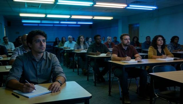 Adult students taking notes in fluorescent-lit classroom for night continuing education