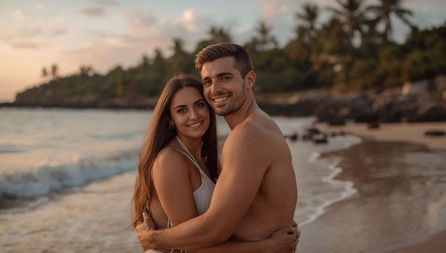 Romantic Couple Embracing at Tropical Beach Sunset