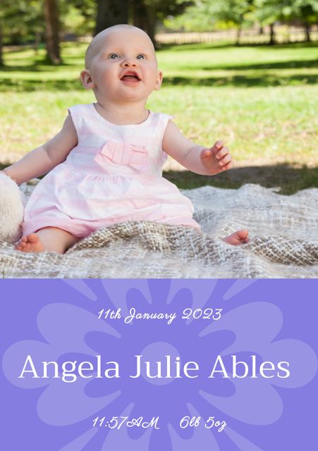 Delightful newborn girl sitting on grass in a park, bathed in sunlight, wearing a pink dress. Ideal for parenting blogs, baby products, birth announcement cards, and family magazines. Captures joy of outdoor playtime and innocence.