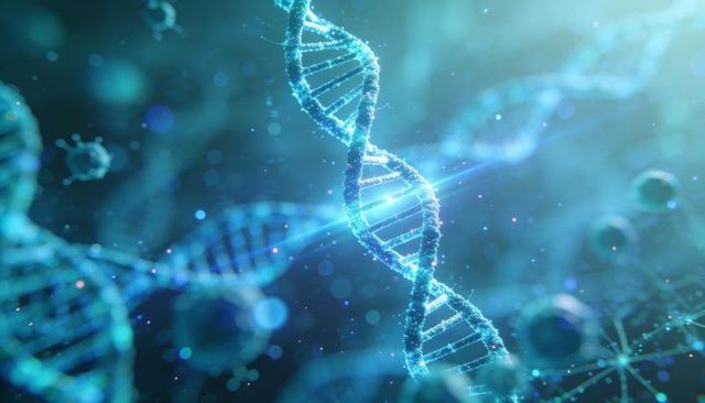 Glowing dna double helix rotating in microscopic blue teal molecular landscape