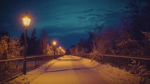 Serene Snowy Walkway Lit by Nighttime Lampposts in Winter Wonderland