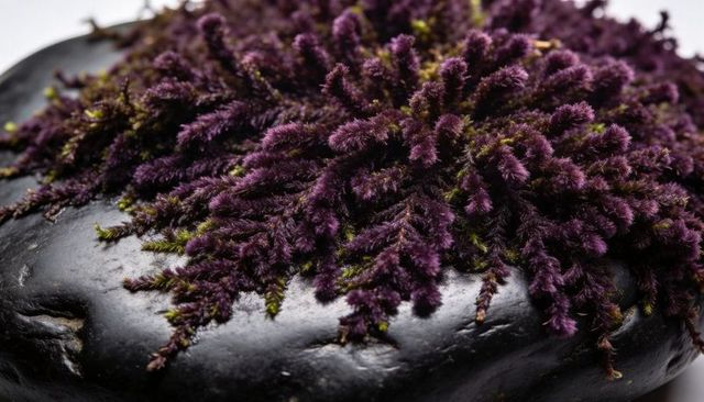 Purple velvet moss cascading over glossy black stone macro still life for spa texture