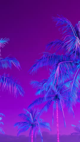 Looping Neon Palm Trees Under Violet Night Sky | Vertical Vaporwave Tropical Background Loop