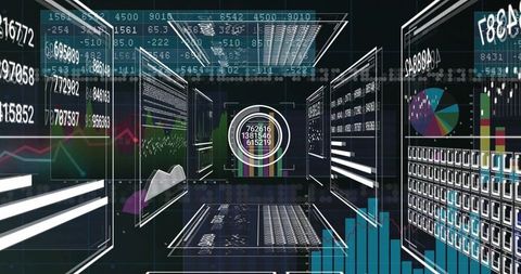Futuristic digital data corridor with immersive analytics display