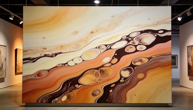 Large marbled abstract canvas hanging in contemporary gallery under warm spotlights