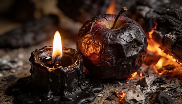 Melting black candle and charred apple glowing among embers and ash for gothic design
